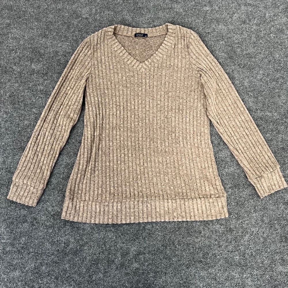 Sampeel Womens V-Neck Ribbed Long Sleeve Top Tan Marl Size Medium